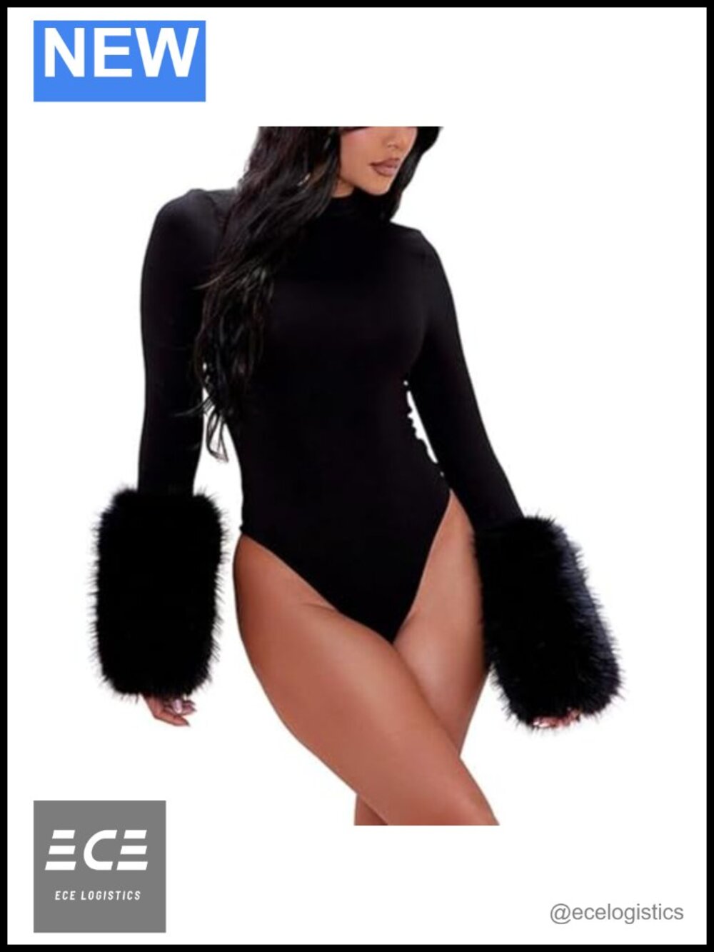 Womens Long Sleeve Mock Neck Bodysuit Faux Fur Cuffs One Piece Club Top